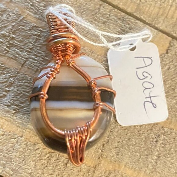 P-14 Agate Copper Wire Wrapped Gemstone Crystal Pendant Necklace - Picture 2 of 2